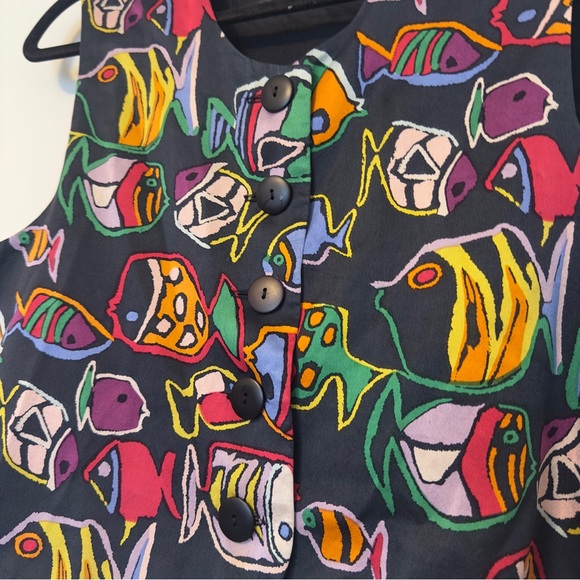 Vintage 100% Silk Colorful Fish Print Vest Top - Picture 2 of 6